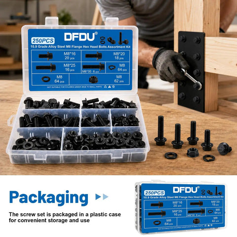 250 Piece M8 Flange Head Bolt Kit With Hex Bolts Nuts And Washers, M8-1.25 X 16/20/25/30 Mm Metric Fasteners, black zinc case