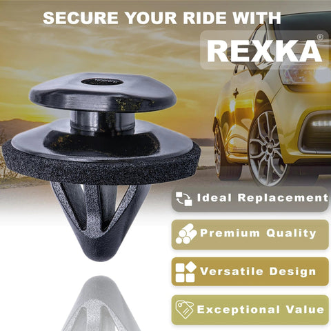 REXKA black plastic Subaru fender/pillar trim retainer with sealer, close-up view