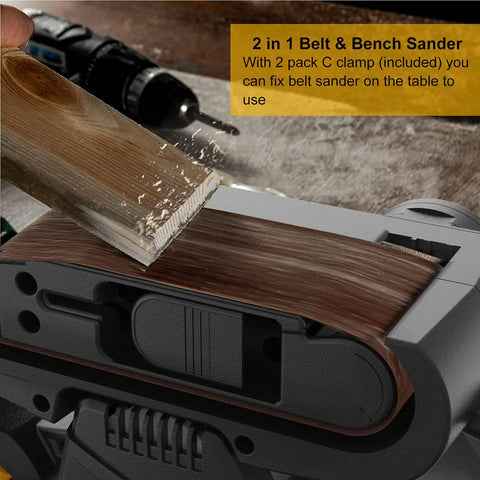Close-up of 7 Amp 3x21 Inch Belt Sander With Variable Speed 120 To 400 RPM sanding a wooden plank, highlighting details