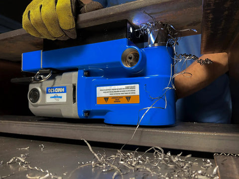 Ultra Low Profile Right Angle Magnetic Drill Fabricator Kit 25 Lbs Lightweight on steel, producing metal shavings.