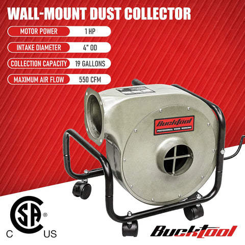 Powerful Beast 1HP Wall Mount Dust Collector With Remote Control And 550 CFM Airflow, 6.5A Induction Motor, Includes 2-Micron Filter Bag, DC30A-1, Quiet Shop Dust Extractor For Woodworking And DIY Projects with metal design and wheels