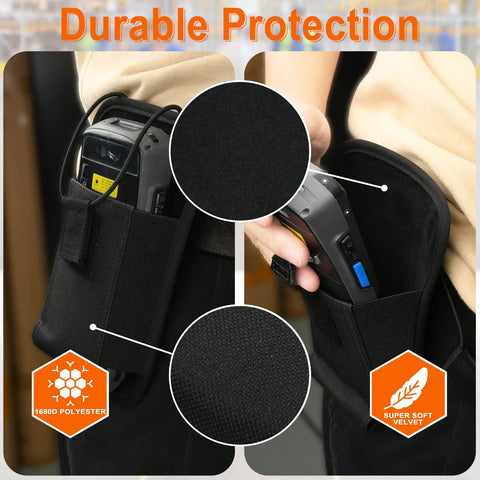 Rugged Vertical Scanner Holster with Metal Belt Clip in use, showcasing handheld barcode scanner storage in 1680D polyester pouch.