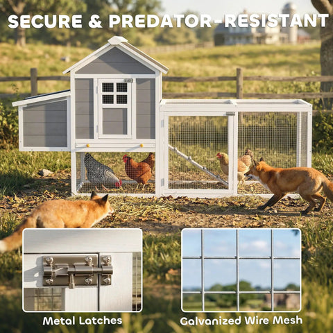 82 Inch Wooden Chicken Coop For 2 To 3 Hens Backyard Hen House With Nesting Box, showing metal latches and wire mesh for predator resistance.