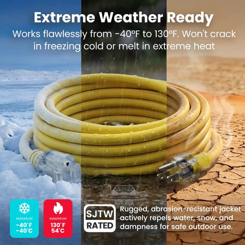 100 Ft Outdoor Extension Cord 14 Gauge 3 Conductor SJTW Beefy Heavy Duty 3 Prong Power Cable With Lighted End Waterproof For Tools Lawn And Garden 125V 1875W Yellow Ideal For Outdoor Tools And Holiday Lighting In Any Weather coiled on diverse weather background.