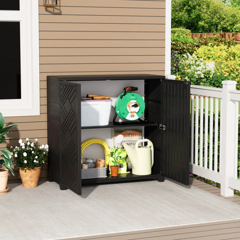 Resin Outdoor Storage Cabinet Weatherproof for Patio Garden Backyard, open showing tools and plants on a porch