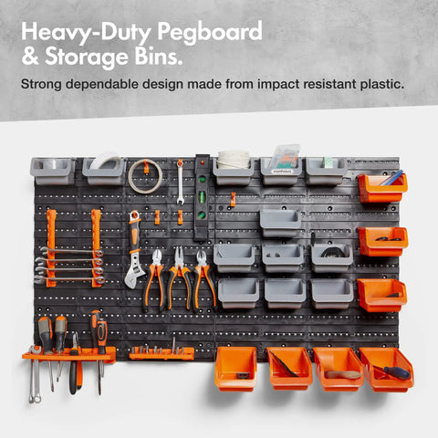 44 Piece Wall Mounted Pegboard Kit With Bins And Panel Set For Garage and Shop, loaded with tools and small parts storage bins.