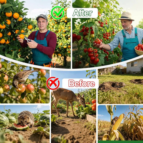 Animal Repeller Outdoor With PIR Sensor And Solar Power Cat And Deer Deterrent With 360 Degree Coverage For Garden Yard Farm Keeps Pests Out shown in garden before-after collage