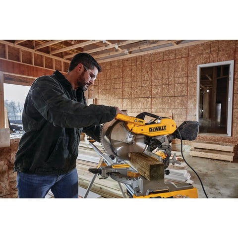 12 Inch Miter Saw With Double Bevel And Compound Cutline 15 Amp Power XPS Cutline Illumination Stainless Steel Detent Plate With 14 Positive Stops Tall Sliding Fences For Crown Molding And Base Molding