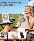 Woman relaxing outdoors with Tiny But Mighty Portable Desk Fan Battery Operated and Rechargeable on a camping table.