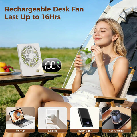 Woman relaxing outdoors with Tiny But Mighty Portable Desk Fan Battery Operated and Rechargeable on a camping table.
