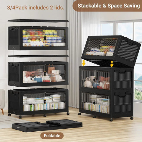 Heavy Duty Stackable Storage Bins With Lids 4 Pack Black, Big Boy Extra Large Collapsible Plastic Totes, Badass Strong Containers For Closets Or Attics, Quick Fold Flat Setup For Zero Clutter Vibes