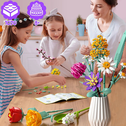 Epic Flower Bouquet Building Set With 1070 Pieces DIY Botanical Blocks For Home And Office Decor, Gift For Adults And Kids Ages 8 Plus Great Gift For Birthday And Valentine's Day Or Graduation Celebrations For Craft Lovers. Mother and kids assembling flower blocks