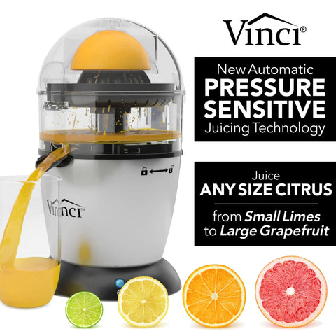 Compact Automatic Citrus Juicer With Hands Free Electric Press For Fresh Orange Lemon Lime Extract, with yellow juice in glass.