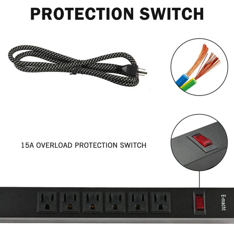 Kick The Clutter With This Badass Heavy Duty Power Strip Packing Six AC Outlets And Two Fast USB Chargers Six Foot Braided Surge Guard Cable For Phones Tablets And Desk Setups Black 300 Joules Shield showing the braided cable, outlets, and overload protection switch.