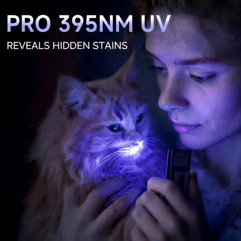 Ultra Thin Rechargeable Flashlight 700 Lumen Slim Magnetic Work Light with COB Side Light UV illuminating a cat in dark.