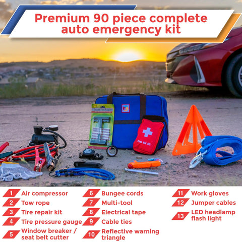 Ultimate Car Emergency Kit With Air Compressor And Heavy Duty Jumper Cables, First Aid, Tow Strap, Tire Gauge, Headlamp in sunset scene