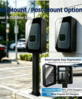 All Weather EV Charger Cover With Lockable Outdoor Charging Station Enclosure and Heavy Duty Metal Shield on wall and stand.