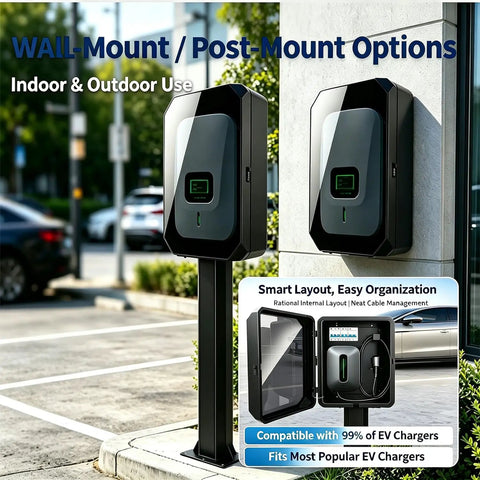Weatherproof EV Charger Box With Double Lock Guard For Outdoor Use Tough As Nails Metal Shell mounted on post.