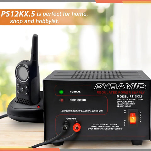 Compact Benchtop Power Supply for Electronics Hobbyists, 10 Amp Linear Regulated AC to DC Converter next to a radio