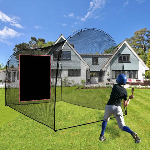 Child practicing swings at Baseball Batting Cage Backstop 4x6 Ft Heavy Duty PVC Vinyl Net With Strike Zone For Hitting And Pitching Practice