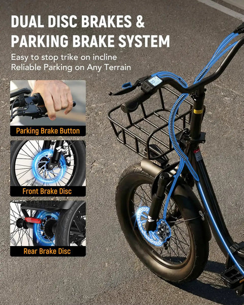 Beast 1200W Electric Trike For Adults With Removable 500Wh Battery Folding Three-Wheel Fat Tire Ebike Step-Thru, 18x3 Tires, Top Speed 18 MPH, Up To 55 Miles Range For City Cruising And Hills with front and rear disc brakes