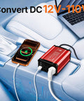 Keep Your Road Trips Lit With This Hella Reliable 300W Car Power Inverter showcasing dual AC outlets on car console.