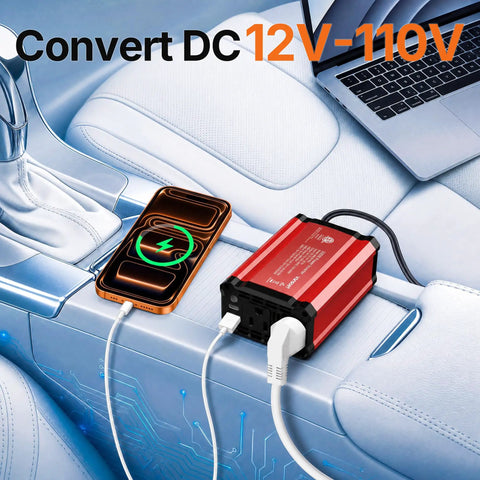 Keep Your Road Trips Lit With This Hella Reliable 300W Car Power Inverter showcasing dual AC outlets on car console.
