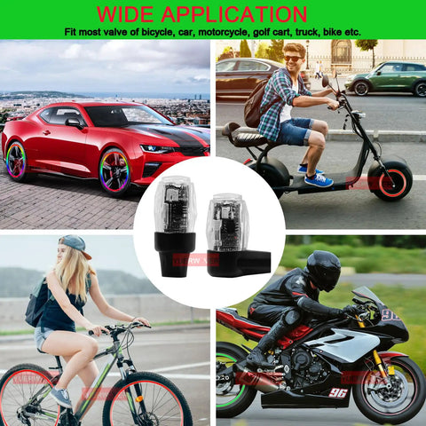 Four Pack Colorful LED Tire Valve Lights For Cars And Bikes, Waterproof Wheel Valve Cap Lamps on car, scooter, bike, motorcycle