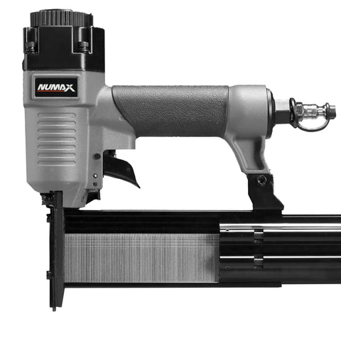 Straight Shooter Pneumatic Brad Nailer 18 Gauge cranks out fasteners up to two inches with steel housing and grip.