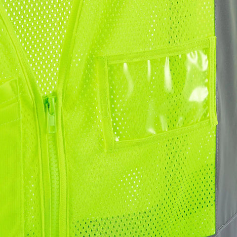 Stay Dead Visible On The Job With This Class 2 Hi Vis Safety Vest Breathable Lime Black Mesh Work Gear Zip Front with microphone tab.