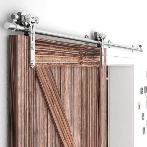 Heavy Duty Sliding Barn Door Hardware Kit 6.6Ft Stainless Steel Rail System For Single Wood Door Y Style Track That Glides Smoothly And Quietly Built To Last Anti Corrosion Quality mounted on a wooden door