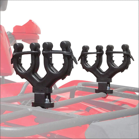 Dual ATV Gun And Bow Rack With Cushioned Rubber Grips Mounts On Standard Five Eighths To One Inch Bars Holds Two Guns Or Bows