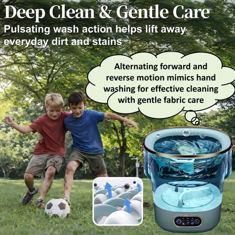 No Sweat Portable Washing Machine With Heavy Duty Spin Basket And 20 Liter Foldable Design, shown in yard with kids.