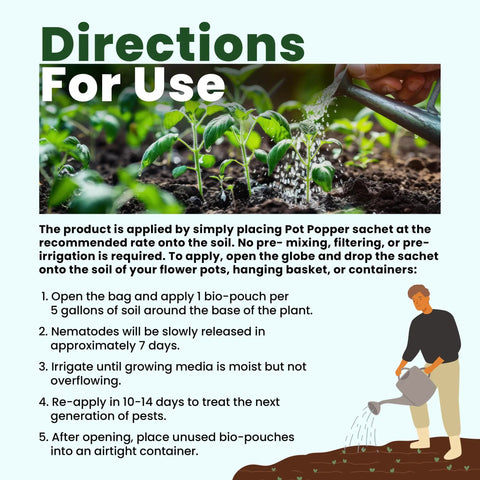 Instructions for Pot Popper Organic Insect Control With Beneficial Nematodes for Container Plants, 8 Infusion Bio Pouches visible.