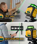 360 Degree Green Laser Level With Tripod And Carry Bag in tilt mode projecting green lines on wall staircase