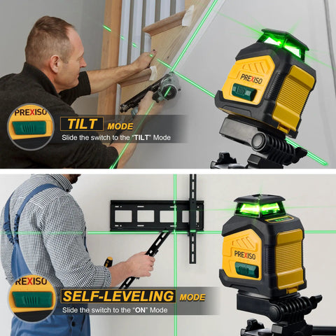 360 Degree Green Laser Level With Tripod And Carry Bag in tilt mode projecting green lines on wall staircase