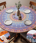 Fitted Round Tablecloth For 45 To 54 Inch Tables Boho Vinyl Indoor Outdoor Patio Cover on wooden table with plates