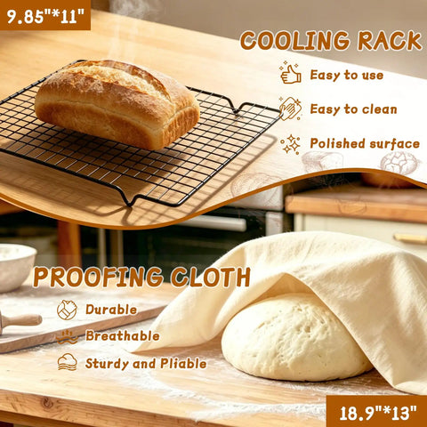 Ultimate Sourdough Starter Kit For Home Bakers with bread cooling on rack and dough under proofing cloth in kitchen