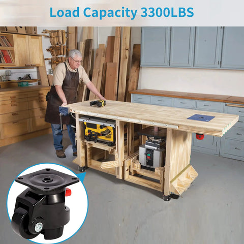 Man using Top Shelf Leveling Casters Set Of 4 Beast Mode Ratchet Arm Base With 3300 Lbs Capacity on workshop table.