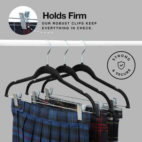 Ultra Thin Velvet No Slip Pants Hangers With Clips 10 Pack holding plaid pants on a rod, showcasing anti-slip clips.