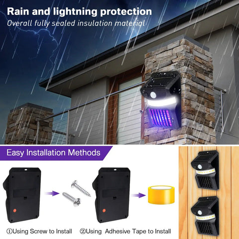 4 Pack Outdoor Bug Zapper 3 In 1 Mosquito Killer Lamp Solar Powered Black LED Light With Motion Sensor for wall installation.