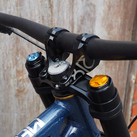 RSX Direct Mount Mountain Bike Stem for 31.8mm bars on dual crown forks, adjustable extension 45 to 50mm, shown in use.