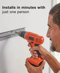 Man installing FastTrack 24 Piece Garage Wall Mounted Storage Kit With 6 Rails And 18 Hooks In Black Heavy Duty Steel