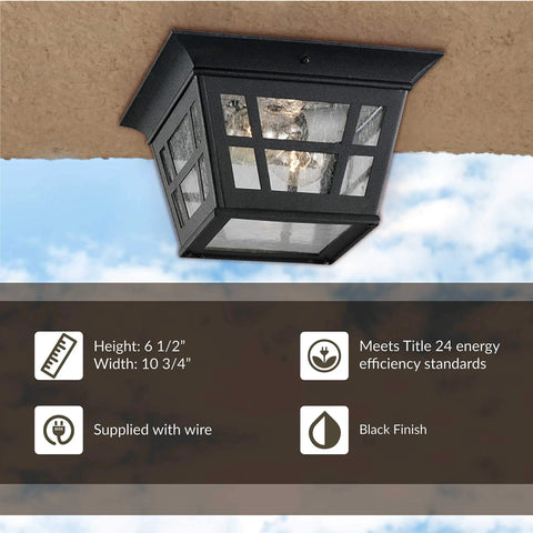 Herrington Two Light Outdoor Ceiling Flush Mount Fixture in Black Finish for patio use, featuring weather resistant design