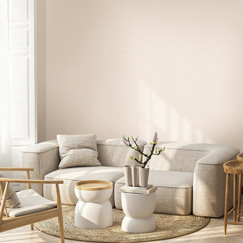 Living room with Peel And Stick Wallpaper For Cabinets And Removable Wall Covering, Grasscloth Texture Look in beige.