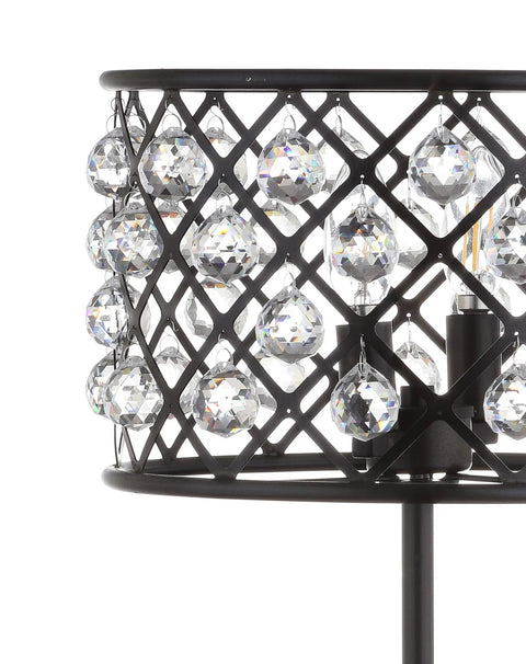 Close-up of the oil rubbed bronze 22.5 inch two light table lamp with crystal spheres, showcasing modern glam lattice design.