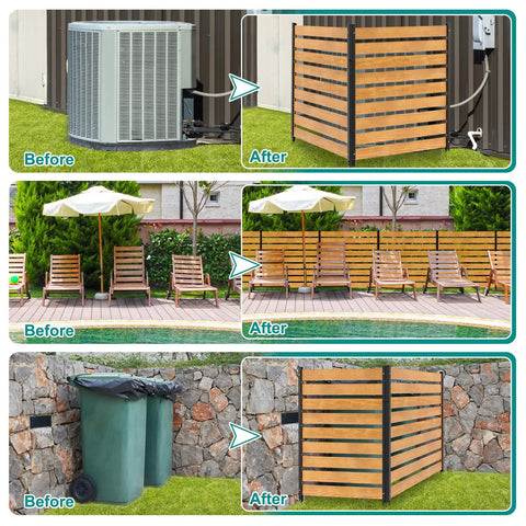 Before and after using Hide Ugly AC Unit With This Outdoor Wood Privacy Fence Enclosure No Dig Privacy Screen 48 By 48 Inches.
