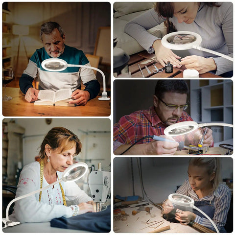 People using Magnifying Glass With Light And Stand 3X Magnifier Lens With Clamp Desk Magnifying Lamp for various tasks