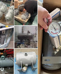 Heavy Duty Carbon Steel Air Reservoir Tank 6.3 Gallon Portable Storage Container with fittings in various assembly stages.