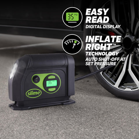 Portable 12V Tire Inflator With Auto Shutoff Digital 99 Psi Display Long Hose Built In LED Light On The Go Car Air Compressor in use